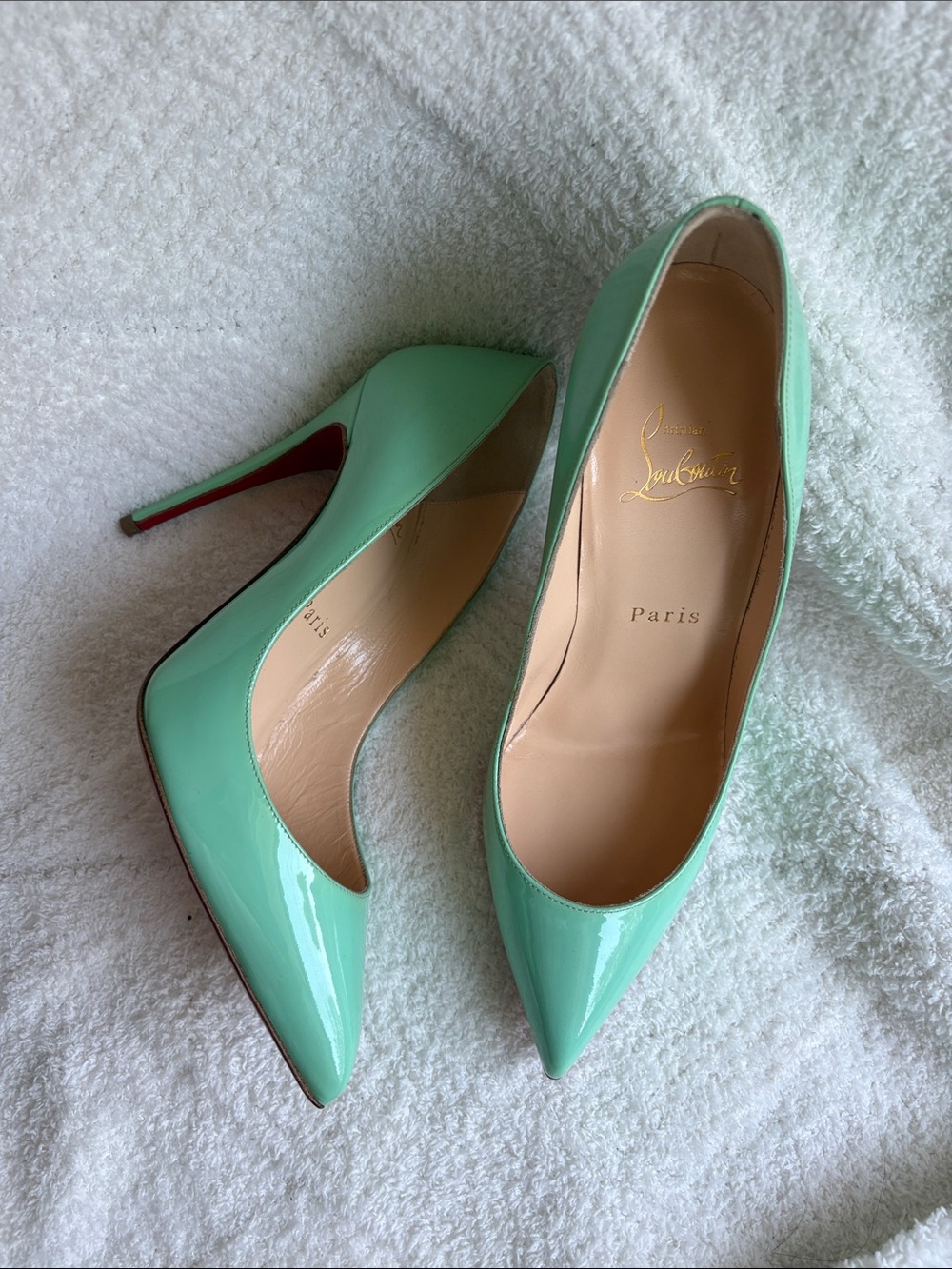 Christian Louboutin Mint Green Patent Pointed-Toe Stiletto Pumps 37